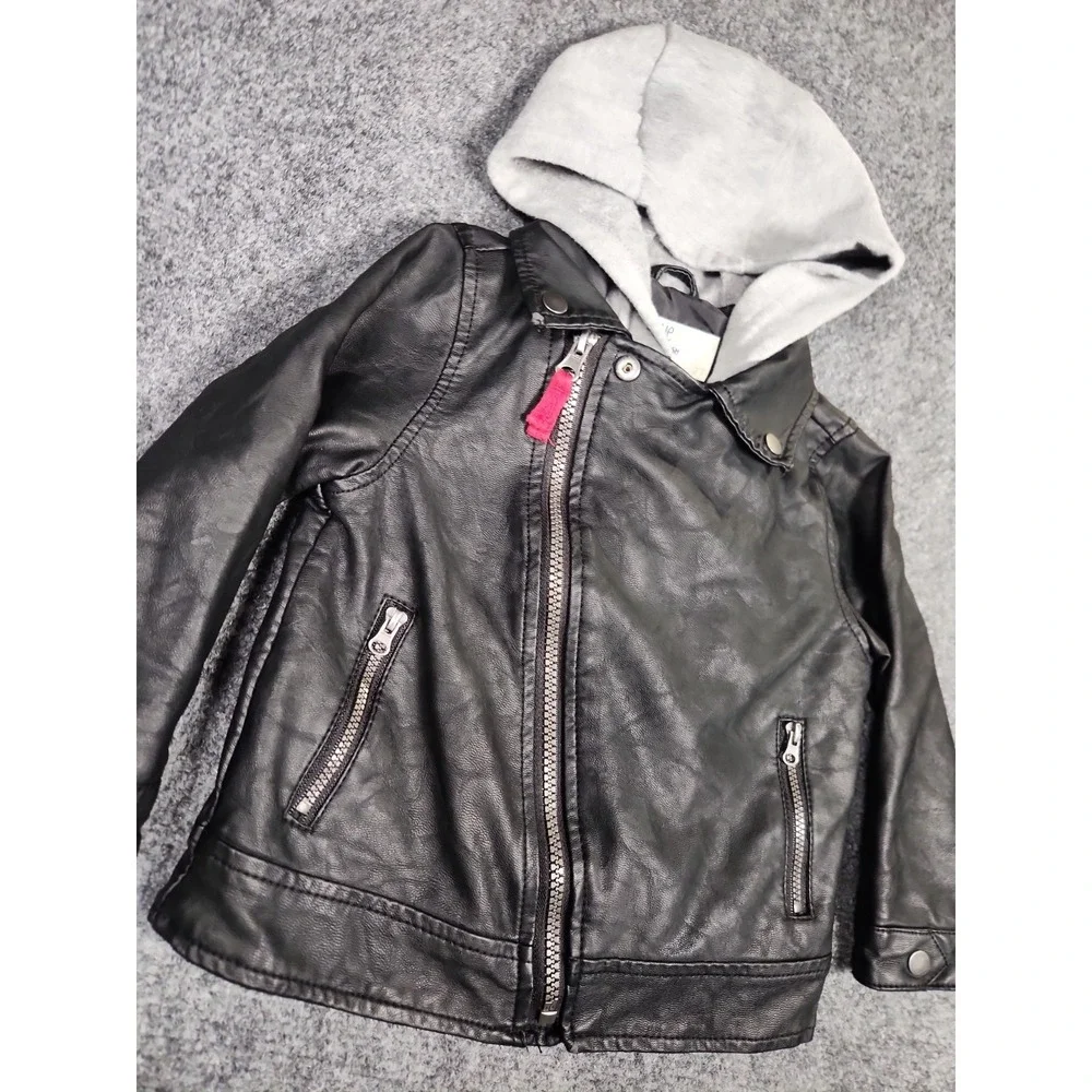 Genuine Kids OshKosh Toddler Faux Leather Moto Jacket Black Grey Hooded Coat 2T